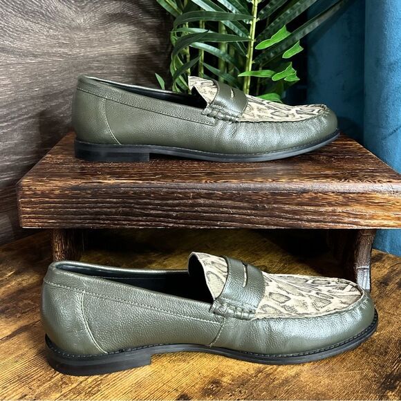 ASOS DESIGN penny loafers in green khaki leather w/faux snake print, Sz 13. NWOT - Picture 10 of 16